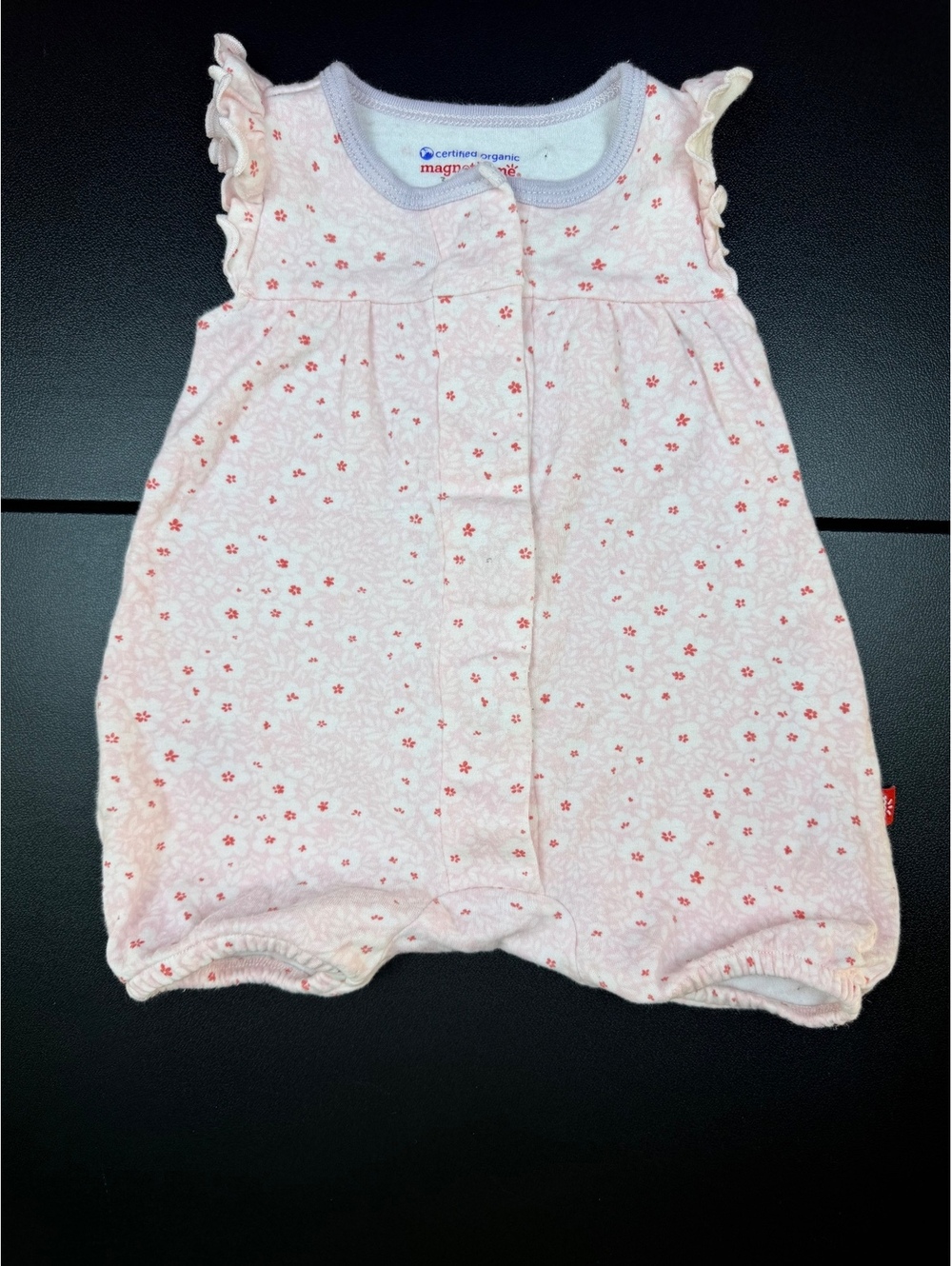 Magnetic Me Baby Girl 3-6M Pink Floral Organic Cotton Ruffle Romper Magnetic